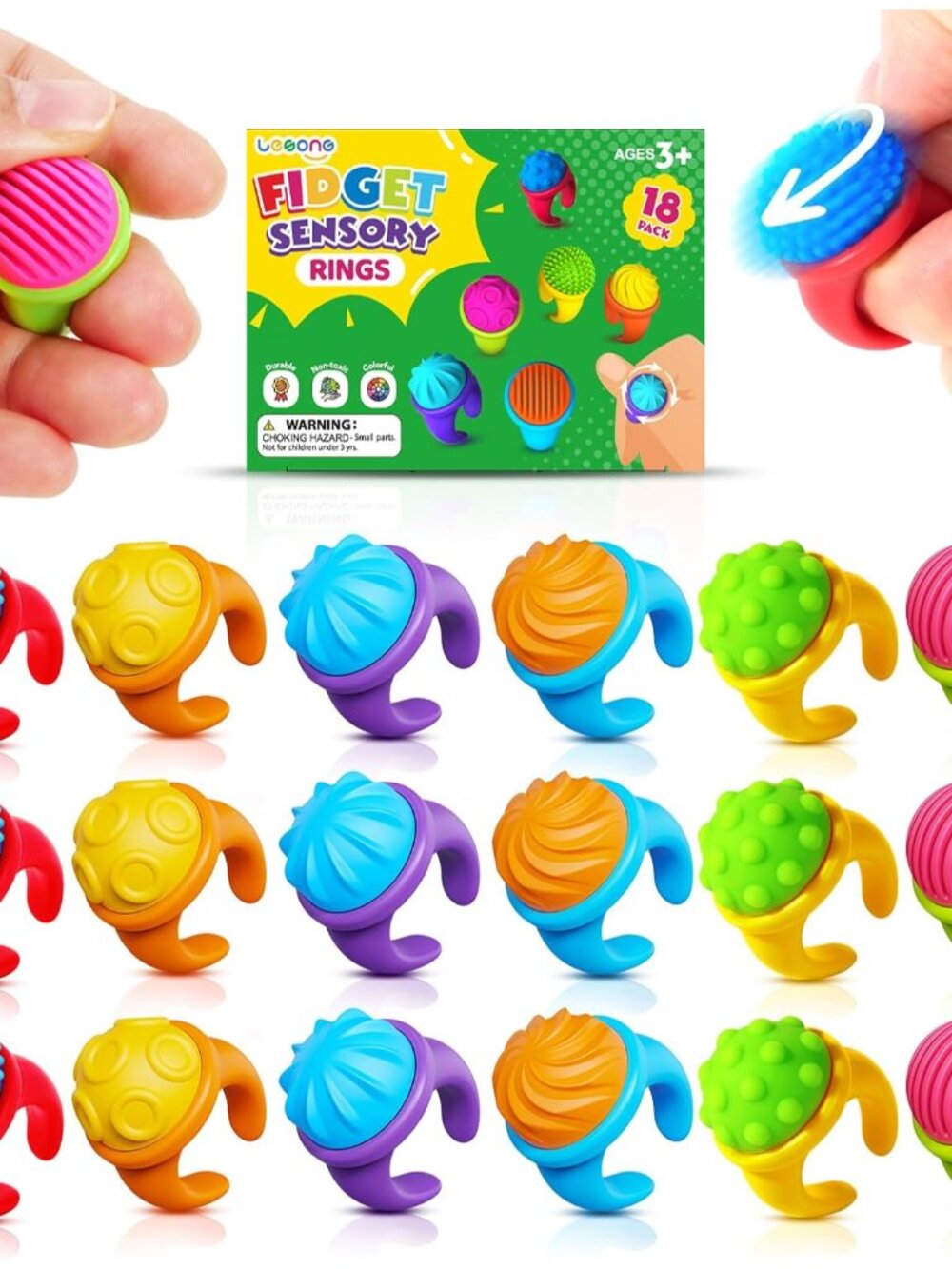 Fidget Toys Sensory Rings for Kids: 18 Pack Textured Spinner Rings - Fidget Sens